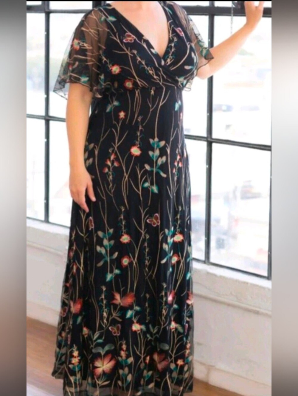 Kiyonna Plus Size Embroidered Lined Black Floral Evening Gown, 5XL